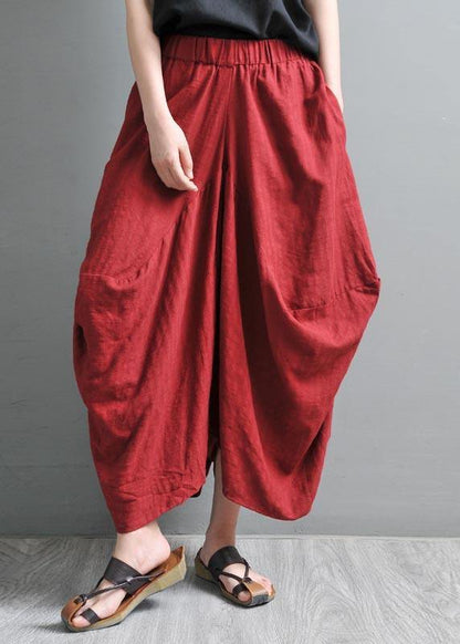 Red Pockets Cotton Linen Big Crotch Pants Summer Pants