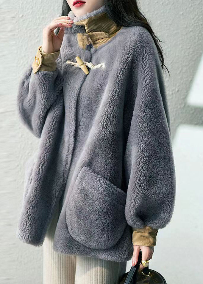 Grey Hign Neck Pockets Patchwork Wool Coats Winter
