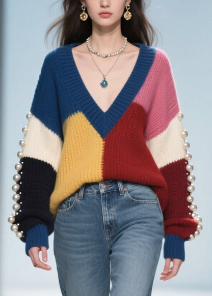 Colorblock Nail Bead Patchwork Knit Pullover Fall