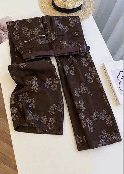 Coffee Print Pockets High Waist Denim Straight Pants Fall