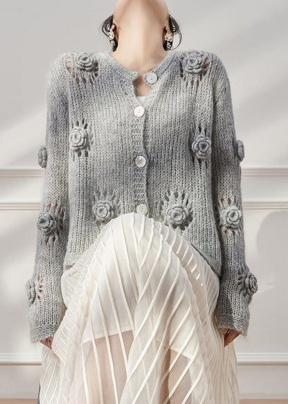 Grey Hollow Out Button Knit Coats Fall