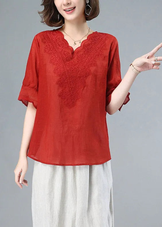 Red V Neck Embroideried Patchwork Linen Tops Summer