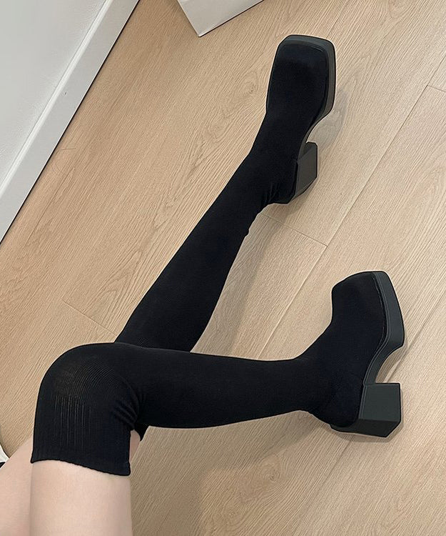 New Grey Knit Fabric Splicing Chunky Heel Knee Boots