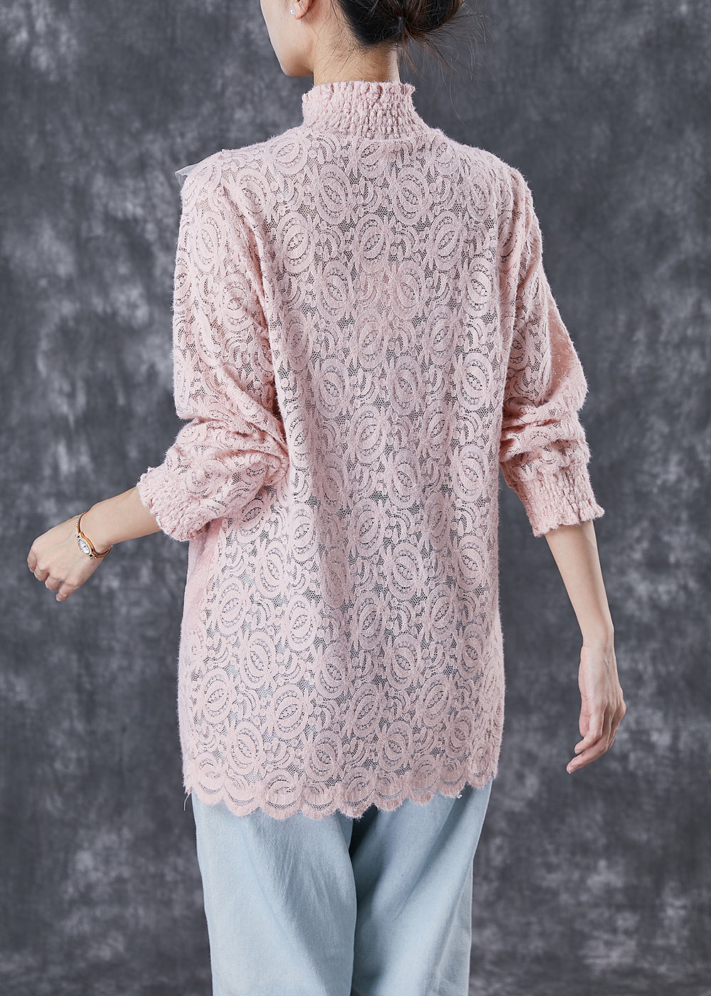 Pink High Neck Patchwork Lace Velour Shirts Winter