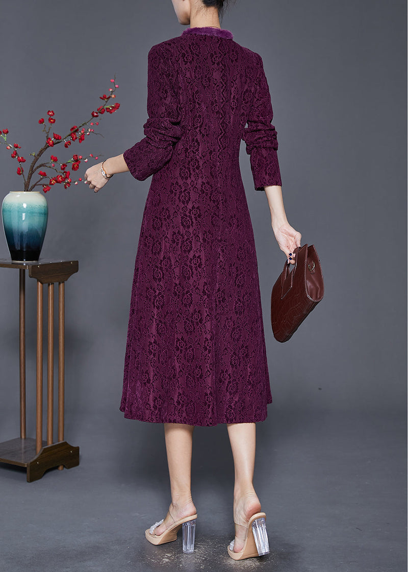 Dull Purple Jacquard Slim Fit Warm Fleece Dresses Winter