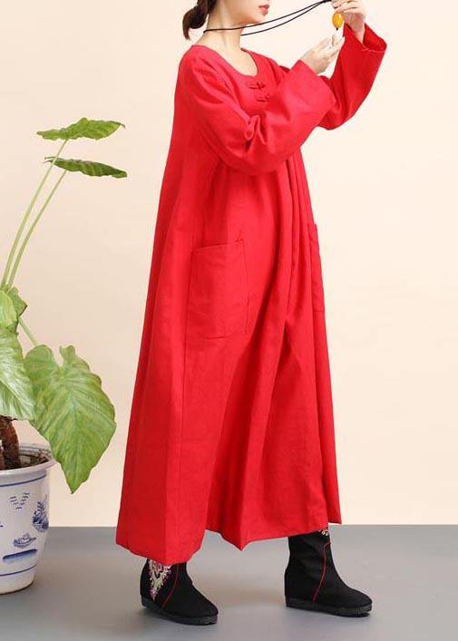 Unique Red Tunics O Neck Pockets Robe Spring Dresses