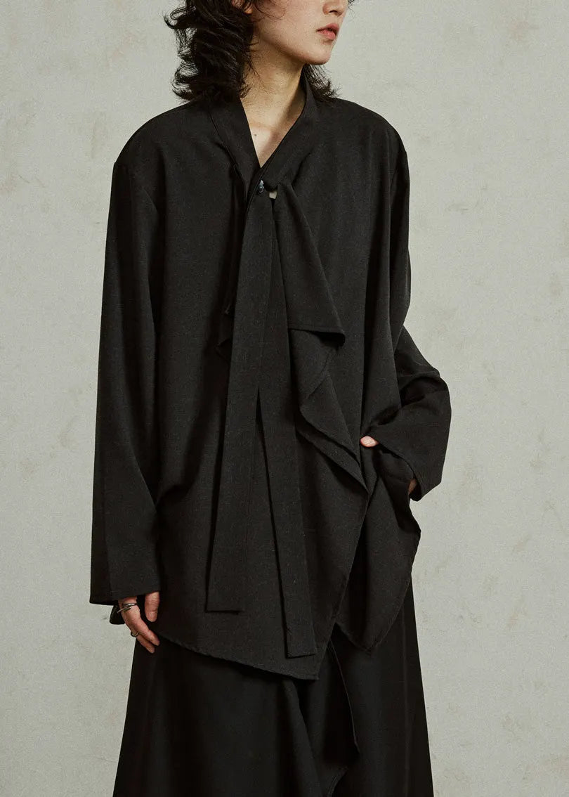 French Black V Neck Shirts Long Sleeve
