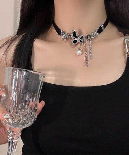 Black Alloy Chain Patchwork Leather Choker