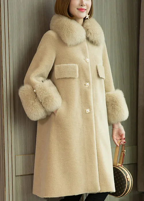 Italian Beige Fox Collar Pockets Woolen Coats Long Sleeve