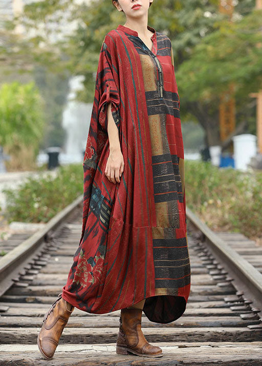 Loose Red V Neck Patchwork Linen Silk Long Dresses Spring