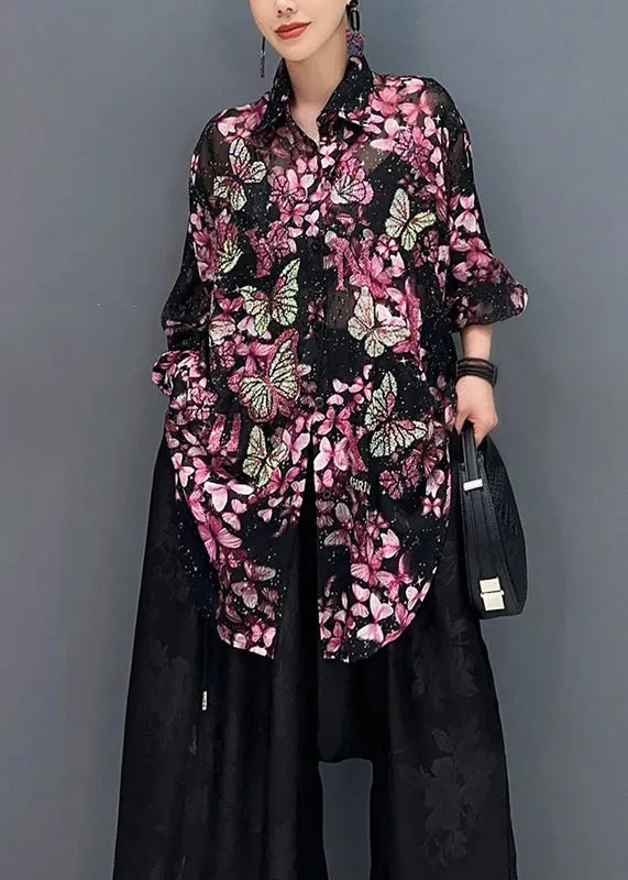 Black Base Butterfly Chiffon Shirt Tops Fall
