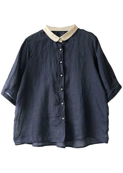 Navy Peter Pan Collar Button Loose Fall Half Sleeve Shirt Tops