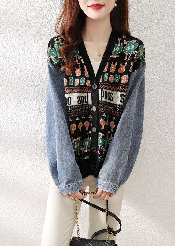 Black V Neck Button Patchwork Knit Sweaters Cardigan Fall