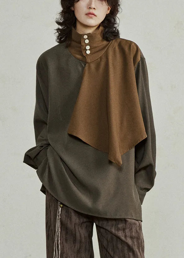 Unique Colorblock Turtleneck Asymmetrical Patchwork T Shirt Lantern Sleeve