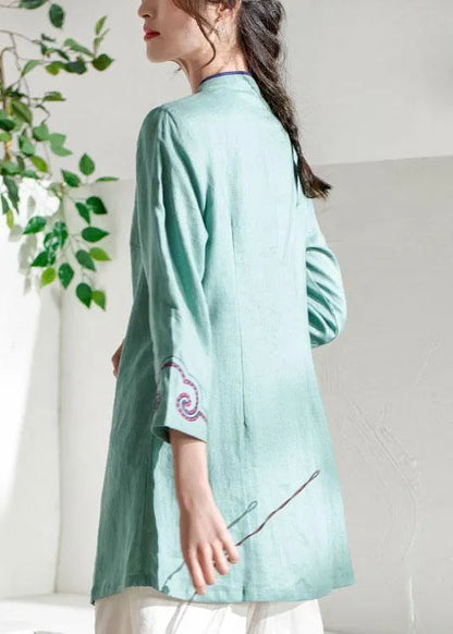 Natural Green Embroideried Button Spring Summer Linen Tops