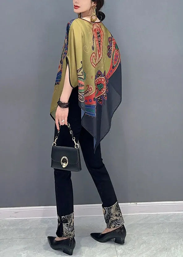 Colorblock Asymmetrical Print Chiffon Top Batwing Sleeve