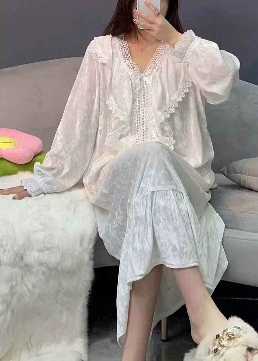 Diy White V Neck Lace Patchwork Silk Velour Maxi Dresses Spring