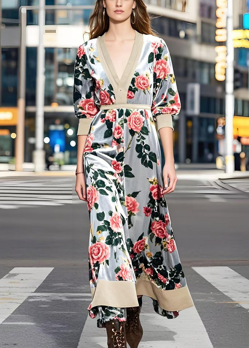 Light Grey Cinched Silk Velour Maxi Dress Spring