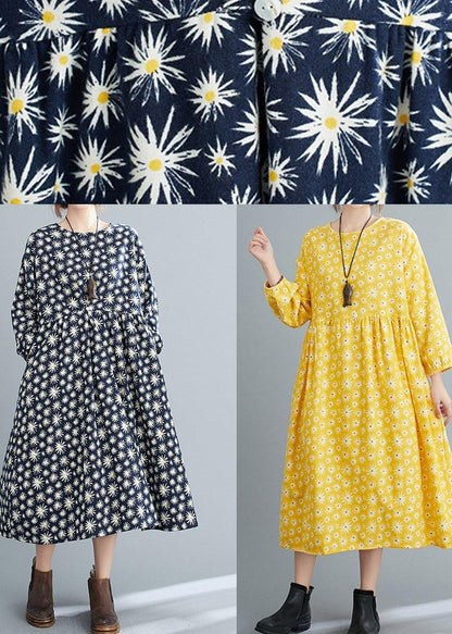 Loose Yellow O Neck Cinched Art Spring Dresses