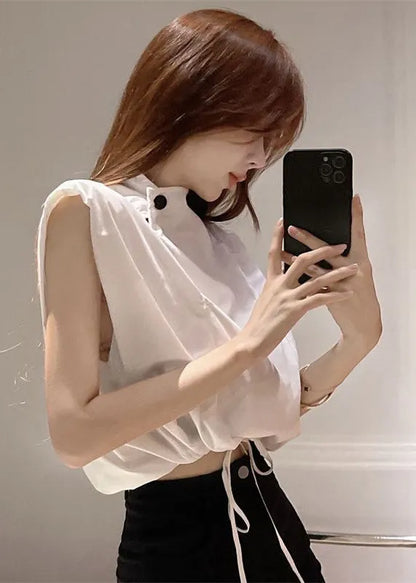 White Stand Collar Drawstring Cotton Blouse Top Sleeveless
