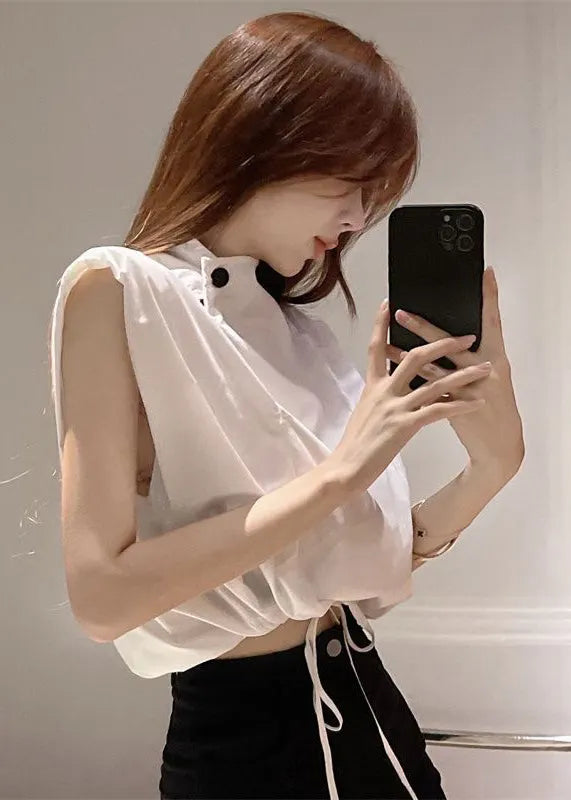White Stand Collar Drawstring Cotton Blouse Top Sleeveless