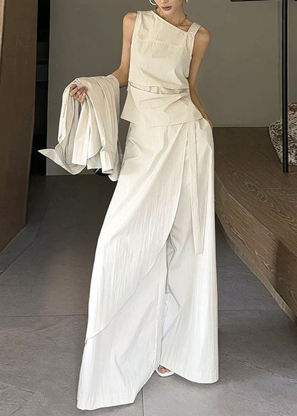 White Peter Pan Collar Shirts Vest and Wide Leg Pants Cotton Three Piece Set Long Sleeve