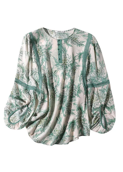 Green Lace Patchwork Button Silk Top Spring