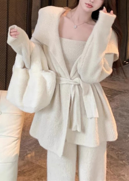 Classy Beige Tie Waist Coat Tank and Pants Knit Three Pieces Set Winter