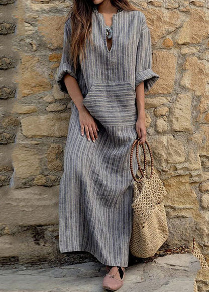 Natural Grey O-neck Striped Patchwork Long Dresses Spring