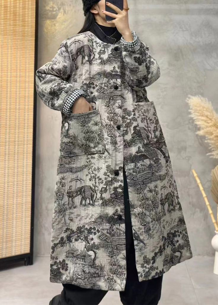 Blue Print Pockets Cotton Filled Long Trench Coat Long Sleeve