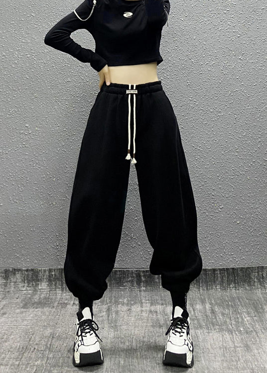 Black Pockets Drawstring Warm Fleece Sport Beam Pants Winter