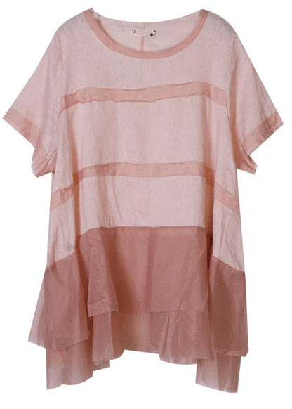 Pink O-neck Tulle Patchwork Cotton Linen Loose Tank Tops Short Sleeve