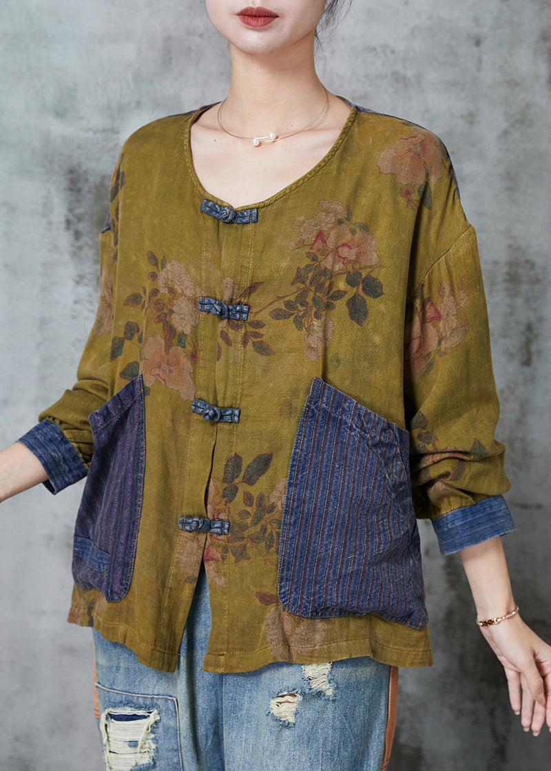 Grass Green Chinese Button Patchwork Linen Top Spring