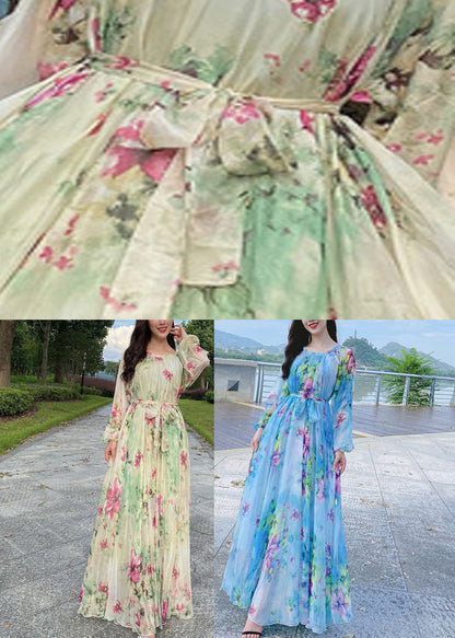 French Blue O-neck Print Chiffon Long Holiday Dress Spring