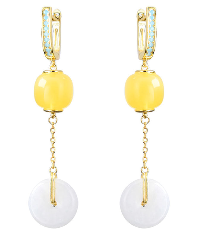 Yellow Sterling Silver Overgild Jade Beeswax Drop Earrings
