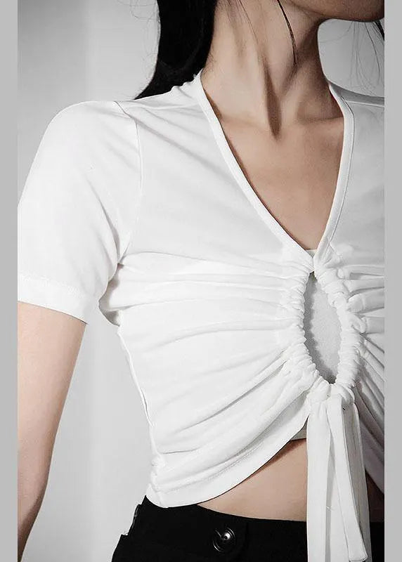 Italian White Drawstring V Neck Tops Summer