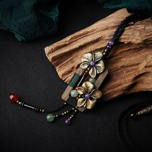 Wood Shell Flower Long Pendant Necklace