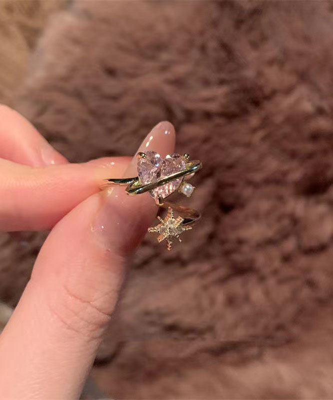 Pink Alloy Zircon Crystal Pearl Love Rings