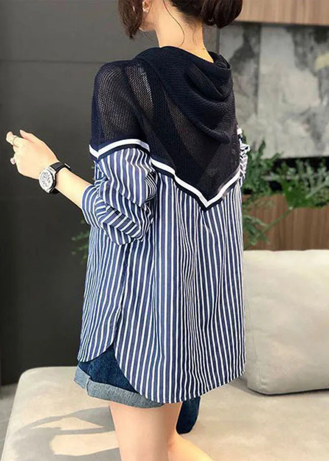 Blue Drawstring Hooded Knit Patchwork Striped Blouse Top Spring