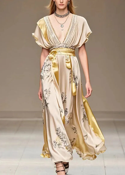 Champagne Cinched Patchwork Print Silk Robe Dresses Summer