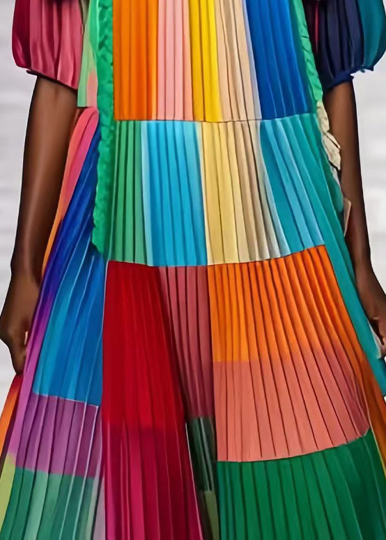 Colorblock Peter Pan Collar Patchwork Wrinkled Chiffon Beach Dress Summer
