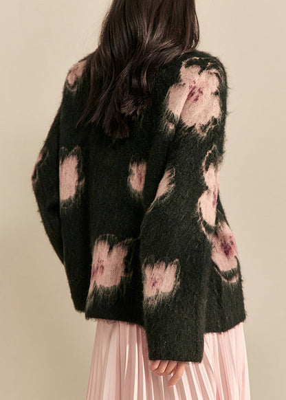 Modern Black V Neck Print Cotton Knit Cardigan Fall