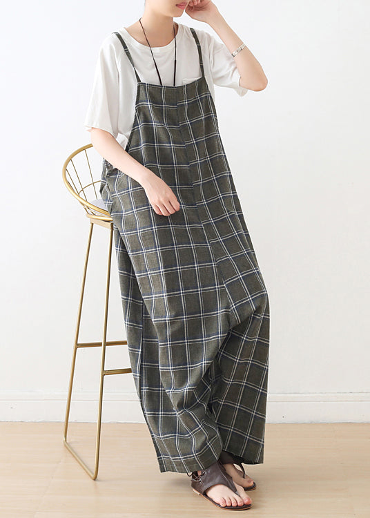 Baggy Green Plaid Cotton Spaghetti Strap Jumpsuit Summer