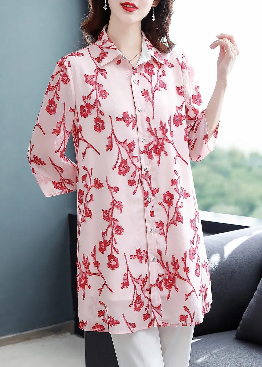 Fitted Pink Button Peter Pan Collar Print Long Chiffon Blouse Top Half Sleeve