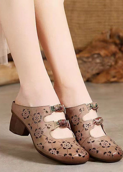 Brown High Heels Chunky Cowhide Leather Hollow Out High Heels