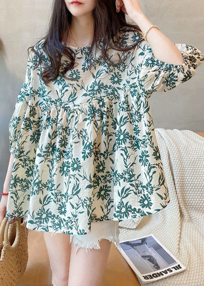 Green O Neck Print Wrinkled Cotton Blouse Tops Summer
