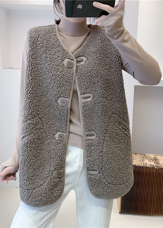 Art Charcoal Grey V Neck Button Faux Fur Waistcoat Fall