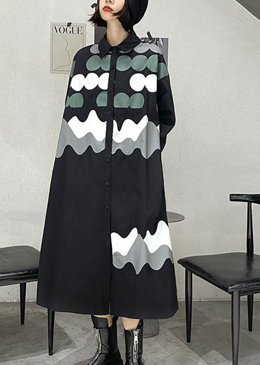 Black Print Button Pockets Fall Shirts Long Sleeve Dress
