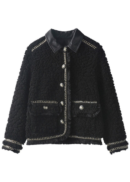 Diy Black Peter Pan Collar Patchwork Button Thick Faux Fur Coat Winter