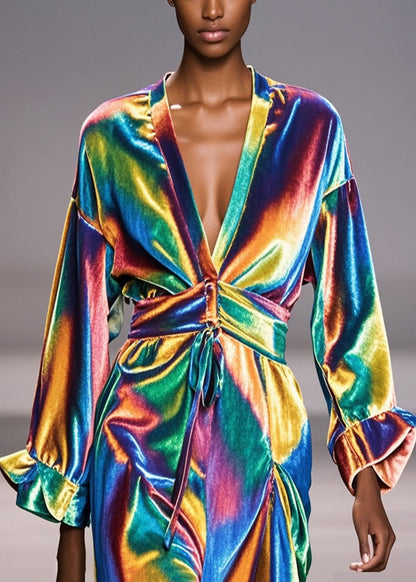 Simple Gradient Color V Neck Silm Fit Silk Velour Robe Dresses Fall